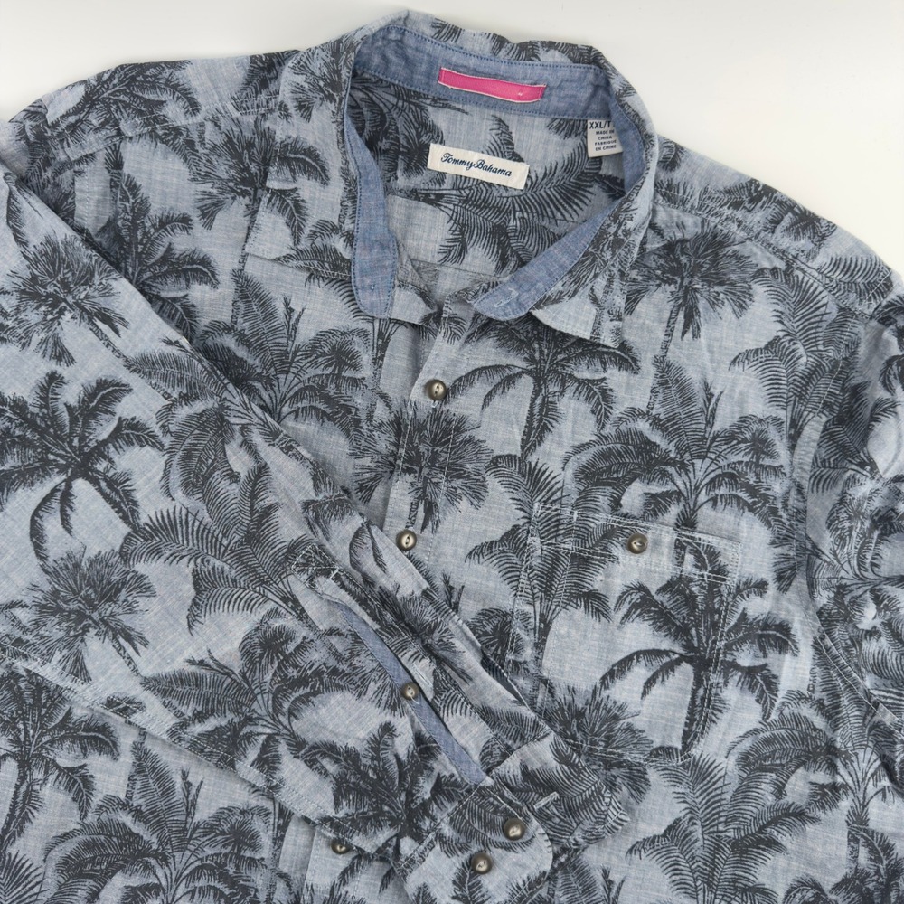 Tommy Bahama Mens XXL Tall Blue Palm Tree Print Cotton Button Down Shirt